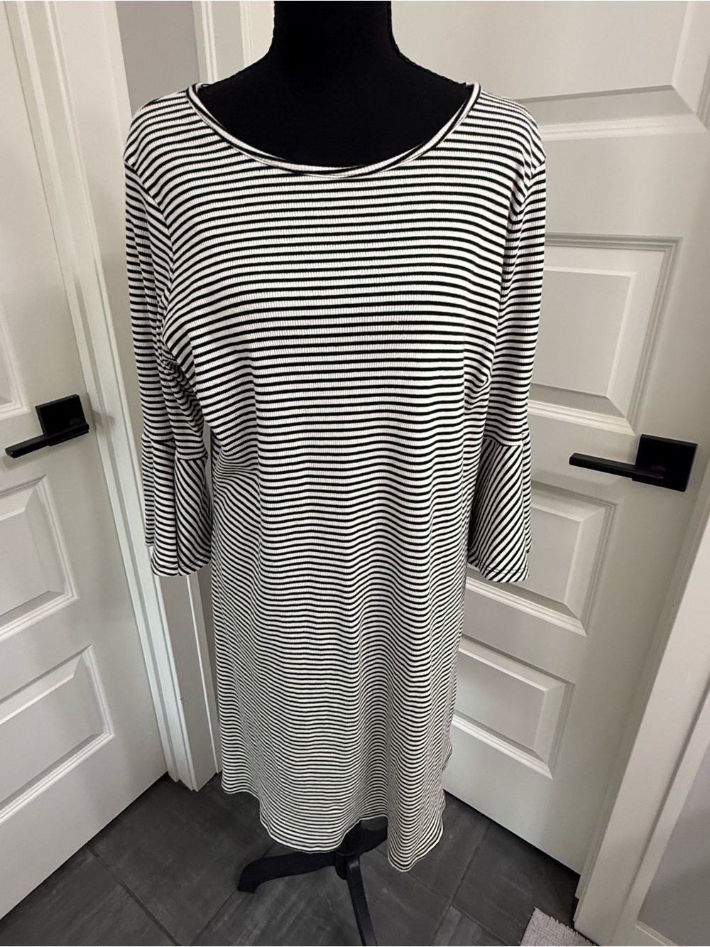 Black & White Striped Midi Dress with Bell Sleeves